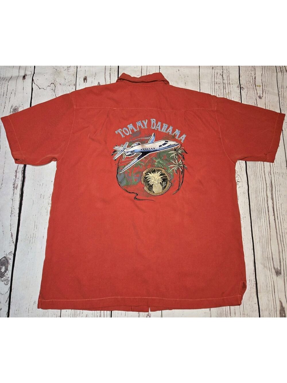 Tommy Bahama Men's Red Embroidered 100% Silk Button-Up Shirt Large SS